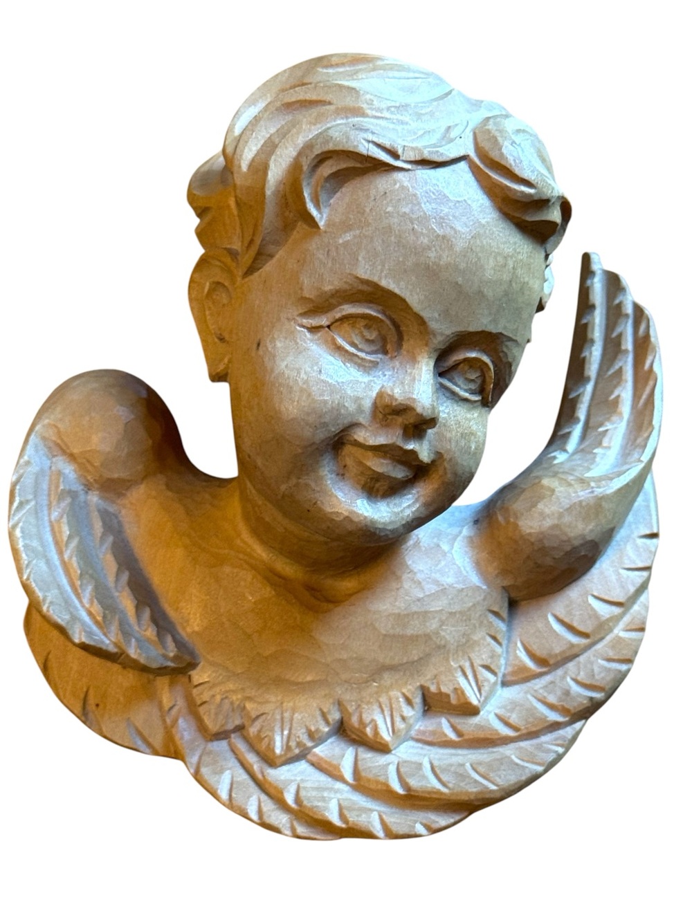 Vintage Hand-Carved Wooden Cherub Wall Art - Natural Brown